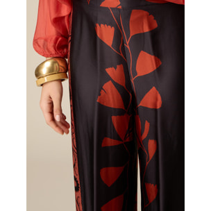 Oltre - Pantaloni palazzo in raso fantasia - Nero
