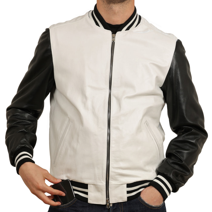 Bomber bicolore in pelle di vitello Bianco-Nero Slim Fit