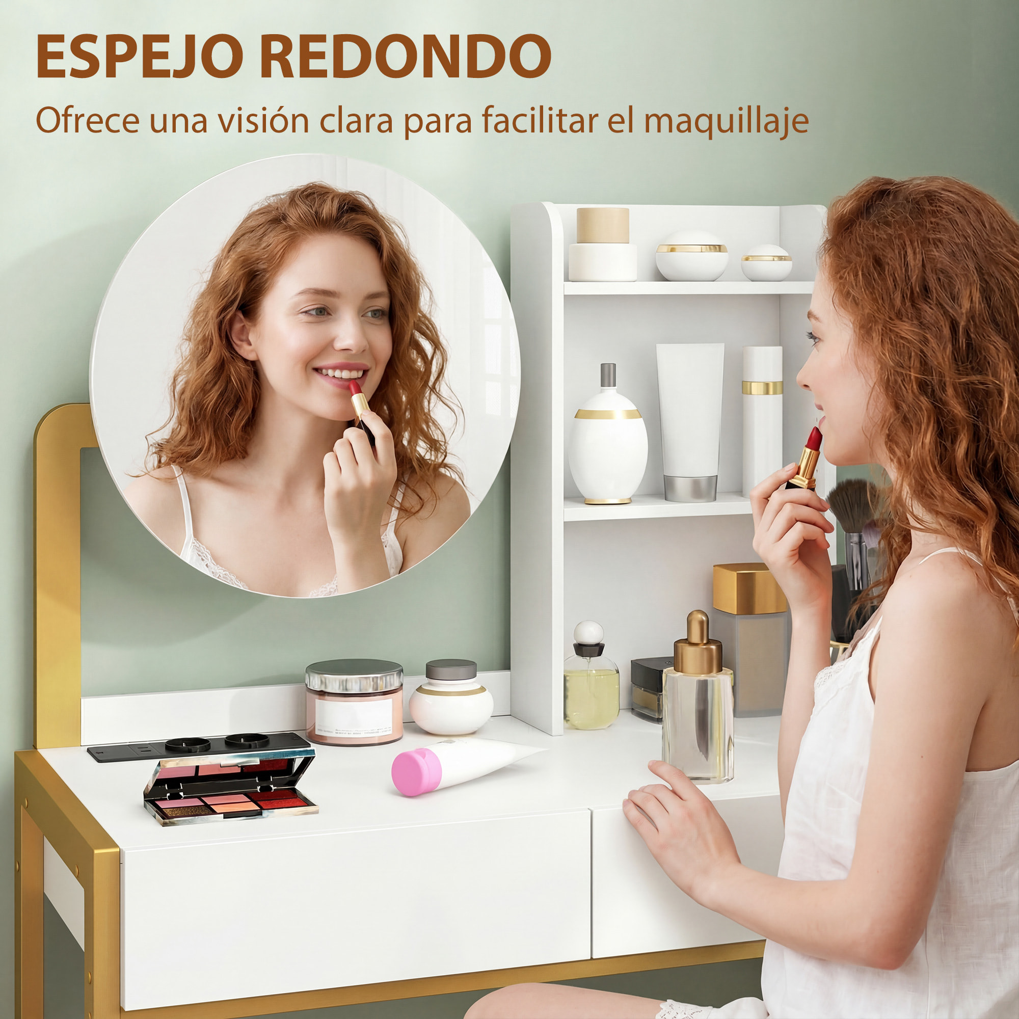 Tocador de Maquillaje con Espejo y Taburete Acolchado, Tocador con Estación de Carga, 2 Cajones, 3 Estantes Abiertos, Puerto USB, Estructura Metálica, para Dormitorio, Blanco