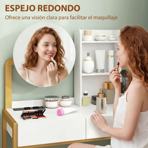 Tocador de Maquillaje con Espejo y Taburete Acolchado, Tocador con Estación de Carga, 2 Cajones, 3 Estantes Abiertos, Puerto USB, Estructura Metálica, para Dormitorio, Blanco