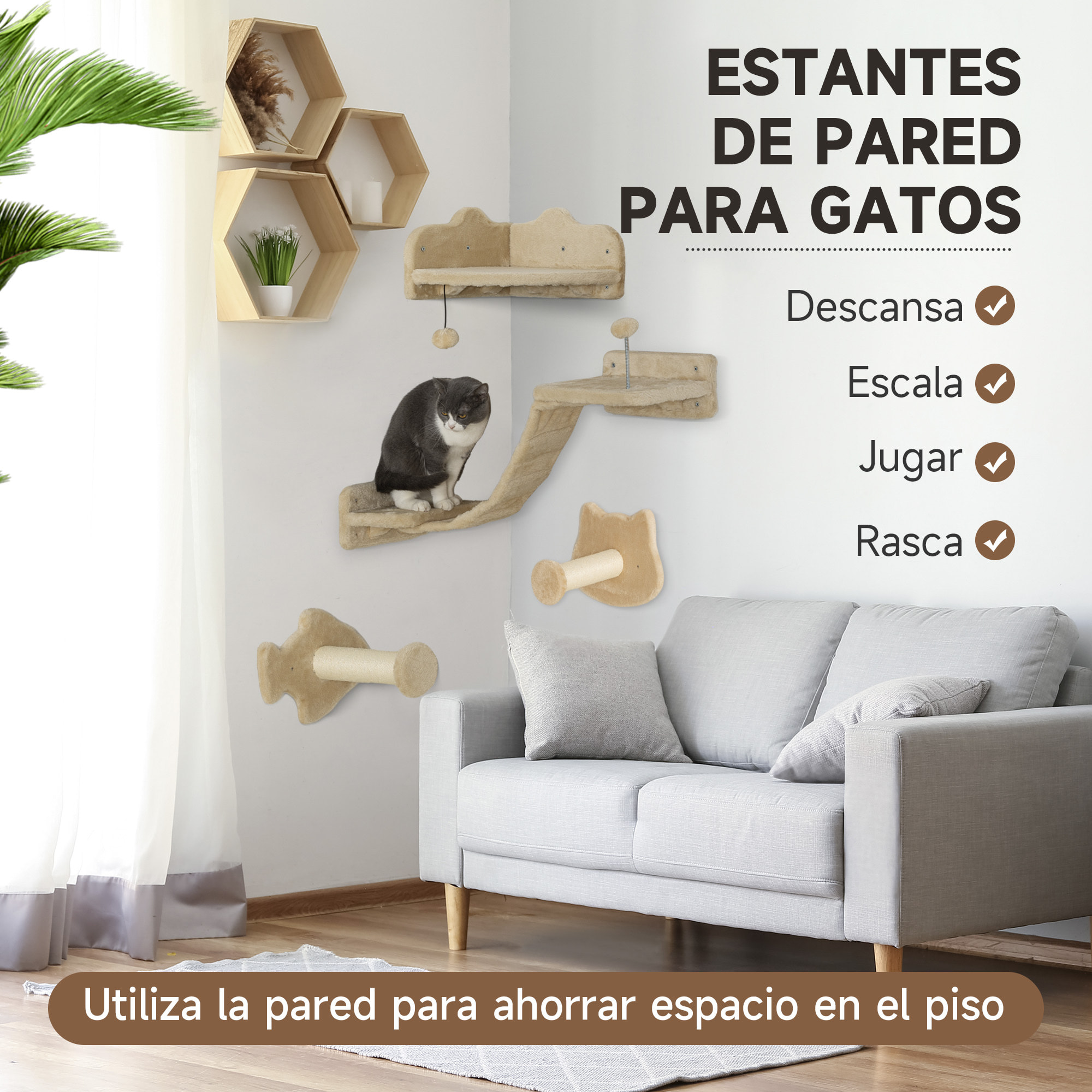 Juego de Estanterías para Gatos de 4 Piezas Rascador de Pared para Gatos con 2 Postes de Sisal Plataforma Doble con Escalera Suave y 1 Plataforma para Saltar Beige