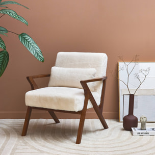 Fauteuil scandinave bois d'hévéa teinté noyer et tissu effet fausse fourrure