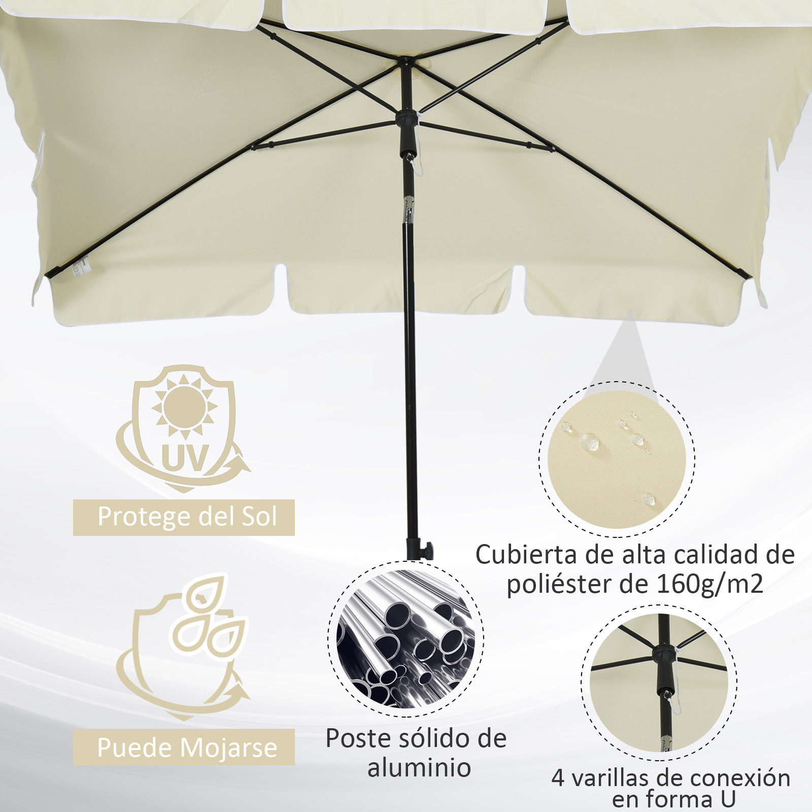 Sombrilla de Poliéster Aluminio 2x1,25x2,35m Beige