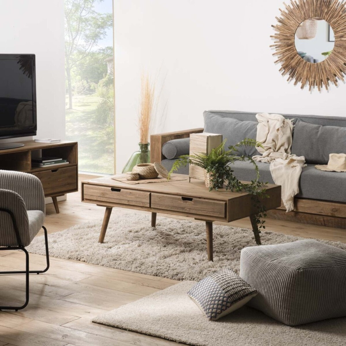 ANDY - Table basse marron scandi rectangulaire 4 tiroirs bois Sapin