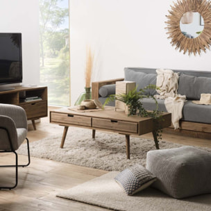 ANDY - Table basse marron scandi rectangulaire 4 tiroirs bois Sapin