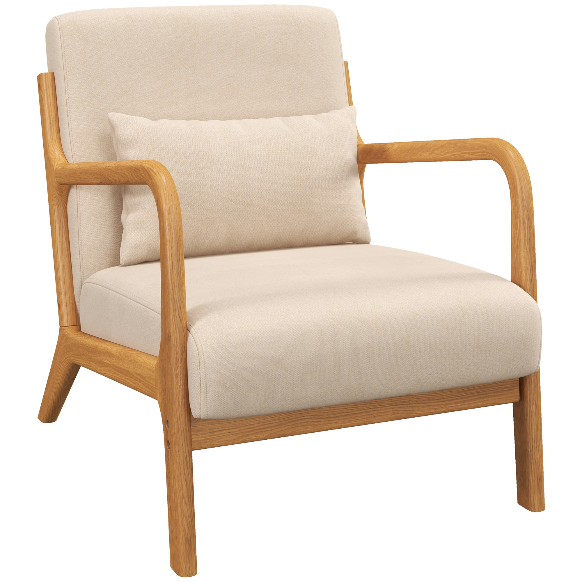 Butaca de Salón Nórdica Sillón Individual Acolchado Silla de Ocio con Reposabrazos Cojín y Marco de Madera de Caucho para Dormitorio Carga 120 kg 61x78x76 cm Beige