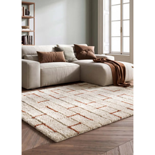 BRENDA Alfombra shaggy geométrica con relieve beige y motivos caldera, varias medidas disponibles