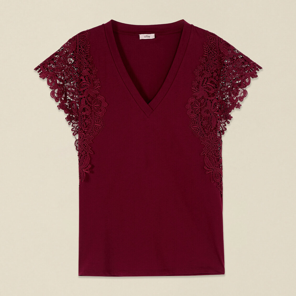 Oltre - Camiseta escote en V con encaje - Burgundy