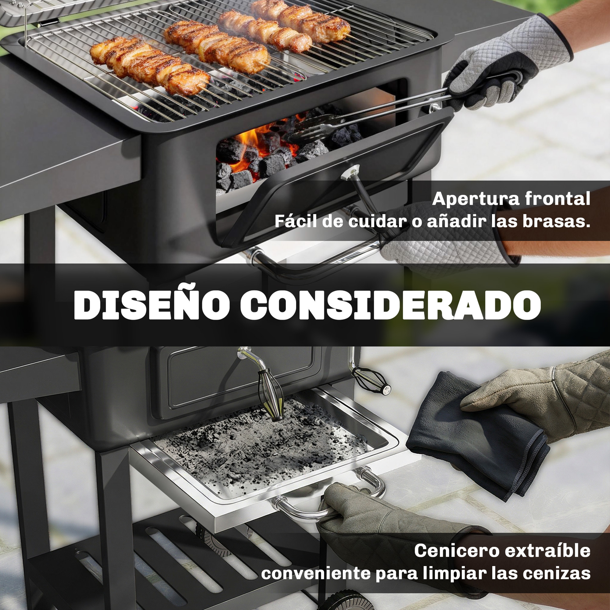 Barbacoa de Carbón Portátil, Barbacoa de Carbón con Bandeja y Ventilación Ajustable, Gran Parrilla, Estantes Laterales, Termómetro, Tapa, Chimenea, Cajón de Cenizas, Ruedas, Puerta, Negro