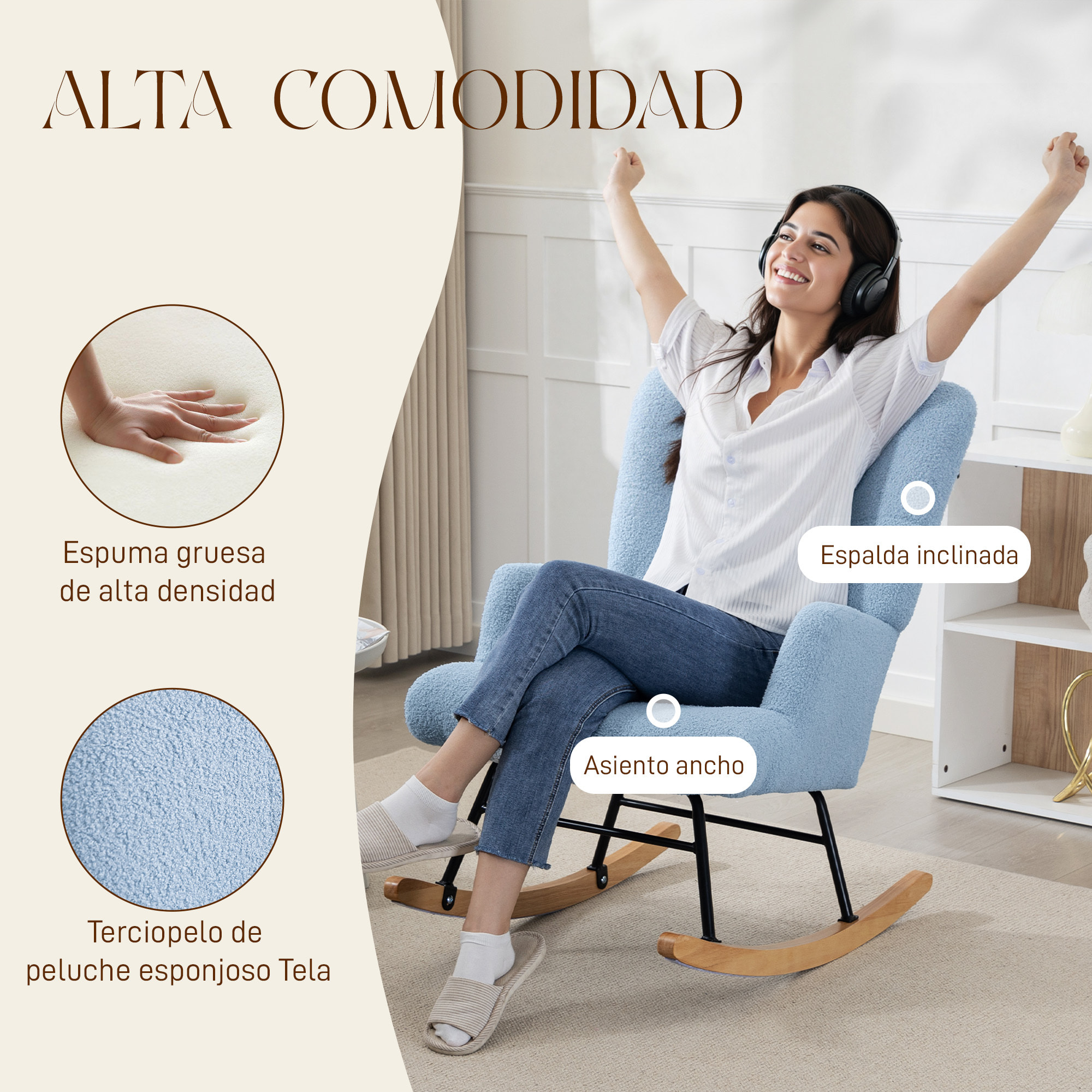 Silla Mecedora, Mecedora de Terciopelo de Teddy con Respaldo Alto, Patas de Madera de Caucho, Reposabrazos, Estilo Moderno, Sillón de Lactancia, Carga 120 kg, para Dormitorio, Salón, Azul Claro