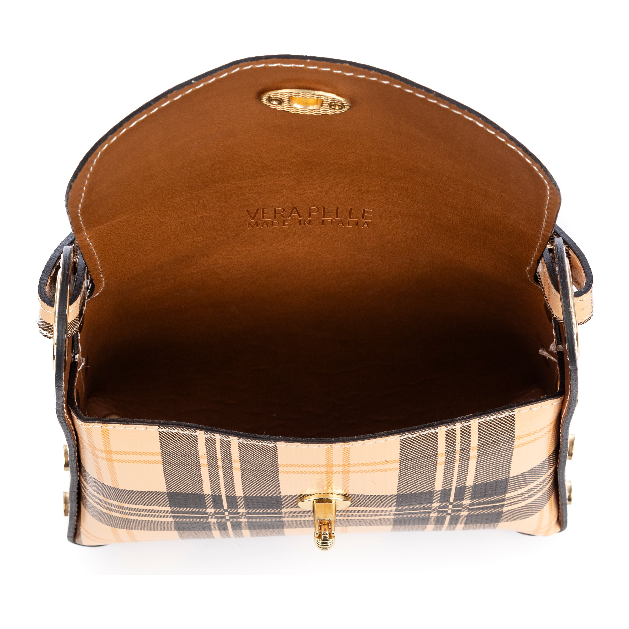 Aquileia borsa a mano donna. Pelle autentica Ruga stampata con motivo scozzese.