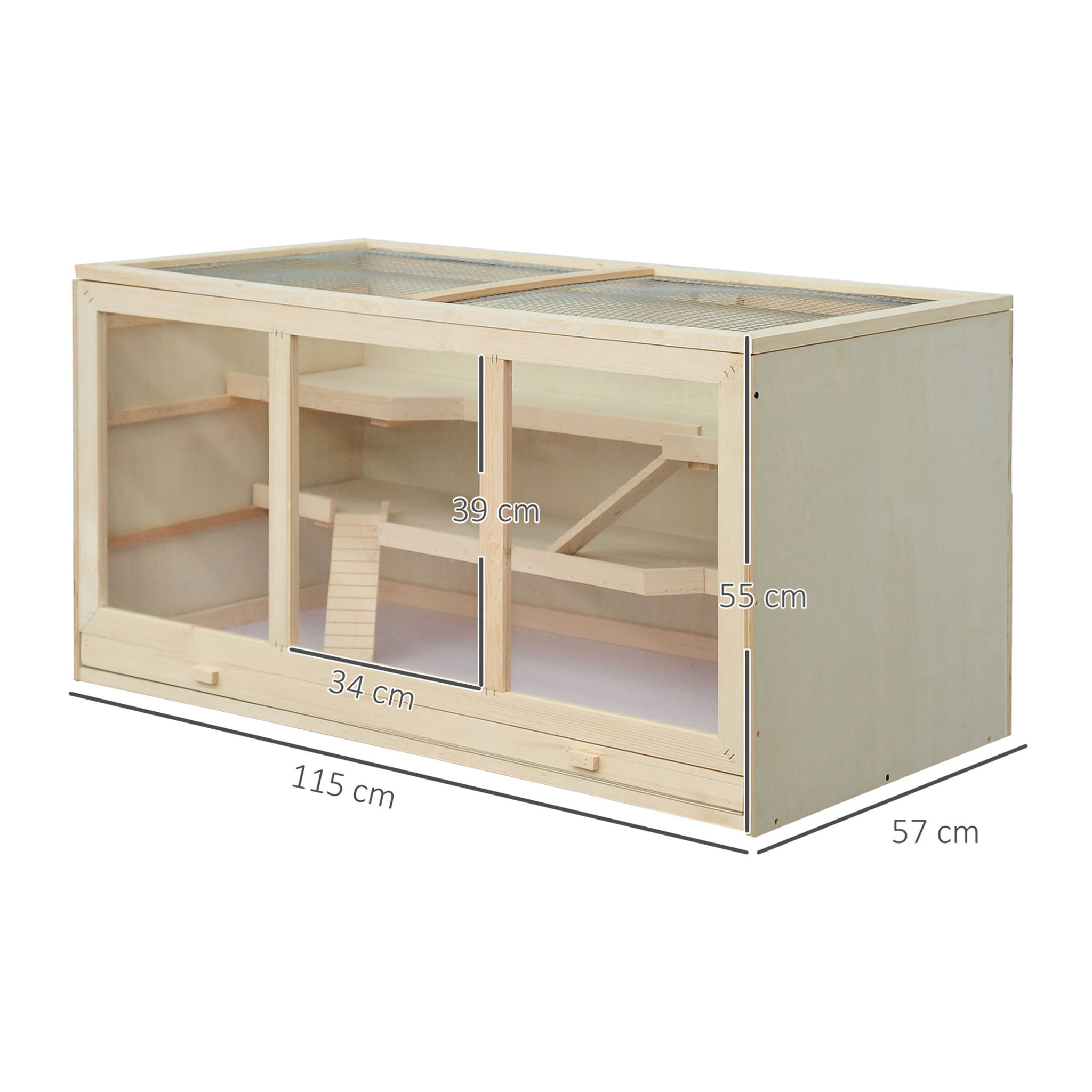 Cage pour hamster 2 étages dim. 115x57x55cm toit ouvrable fenêtres cabane 2 échelles plateau déjection bois