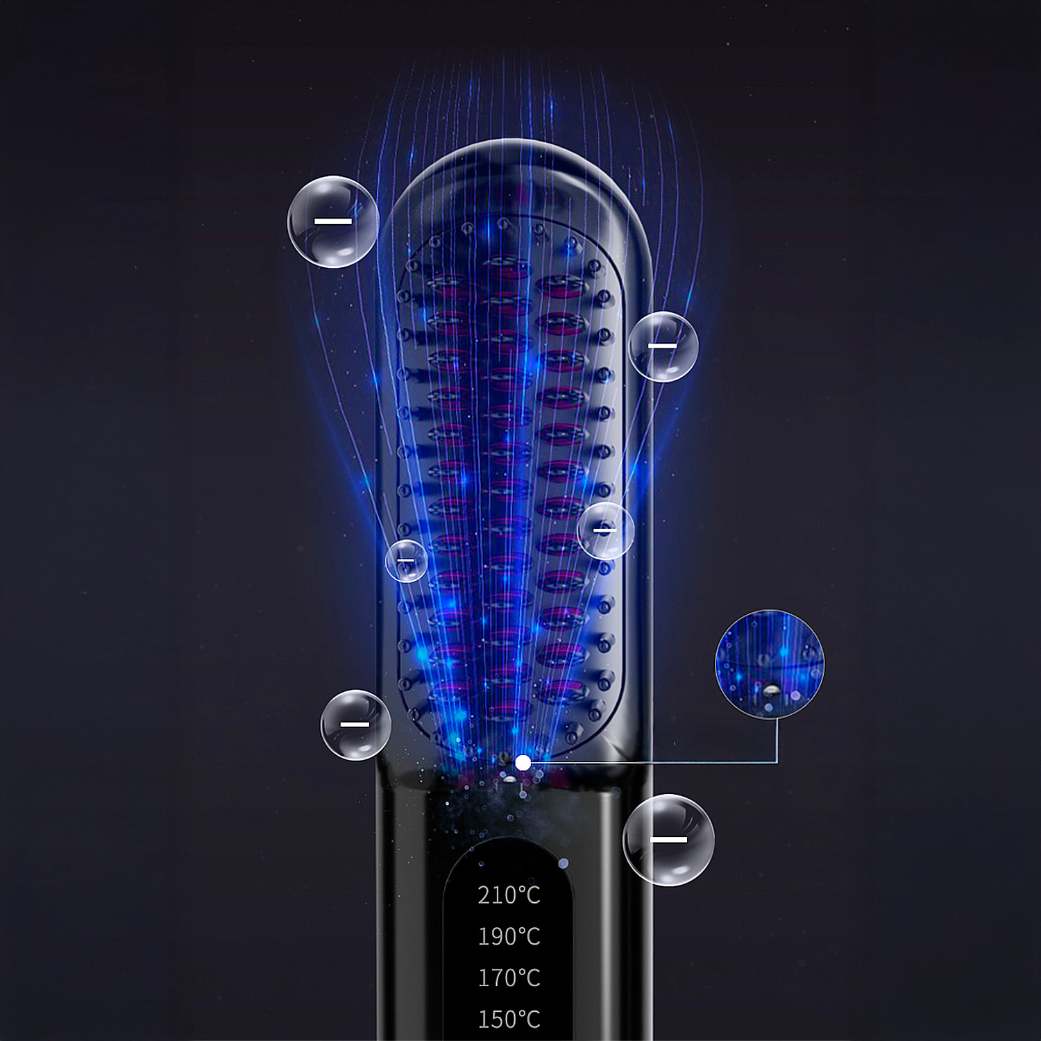 Spazzola elettrica lisciante a ioni negativi con 5 impostazioni di temperatura da 130 °C a 210 °C.