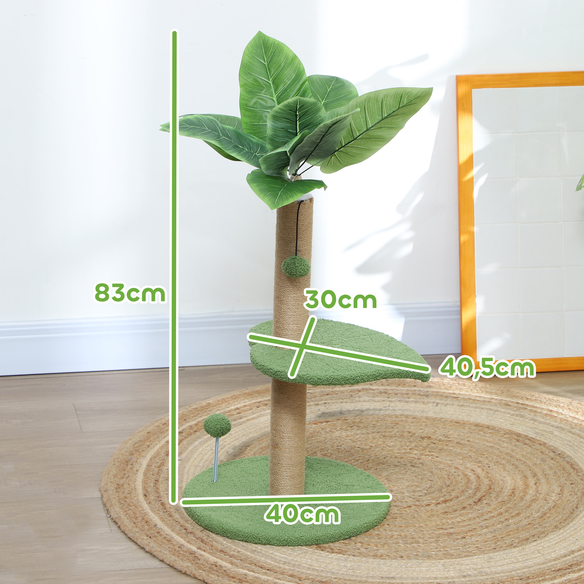 PawHut Árbol Rascador para Gatos 83 cm con Hojas Artificiales, Torre para Gatos con Poste de Yute, Plataformas de Felpa, 2 Juguetes de Bolas, Verde