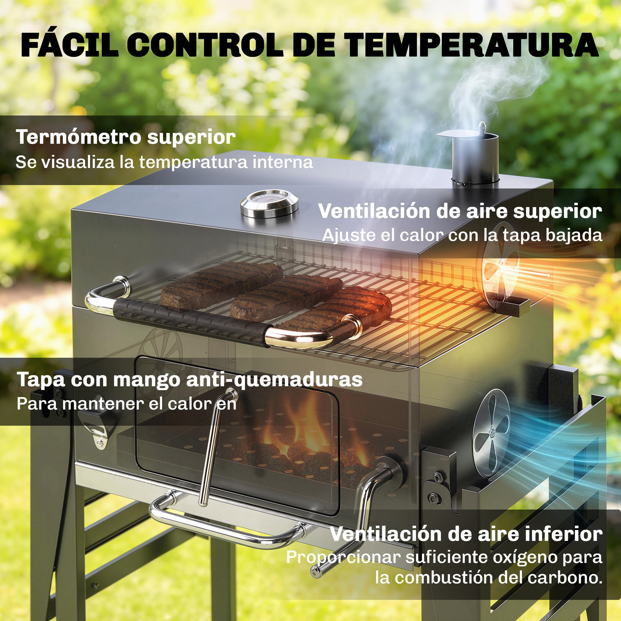 Barbacoa de Carbón Portátil, Barbacoa de Carbón Móvil con Bandeja Ajustable, Estantes Plegables, Termómetro, Tapa, Chimenea, Ventilaciones, Cajón de Cenizas, Ruedas, Cesta Lateral, Asa, Negro