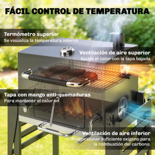 Barbacoa de Carbón Portátil, Barbacoa de Carbón Móvil con Bandeja Ajustable, Estantes Plegables, Termómetro, Tapa, Chimenea, Ventilaciones, Cajón de Cenizas, Ruedas, Cesta Lateral, Asa, Negro