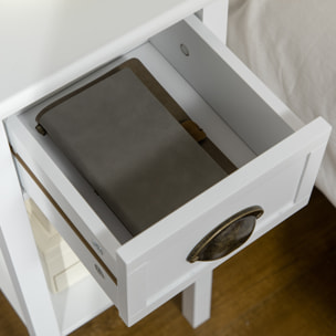 Lot de 2 tables d'appoint bout de canapé guéridon - tiroir, étagère - dim. 30L x 30l x 75H cm - poignées coquilles laiton vieilli MDF blanc