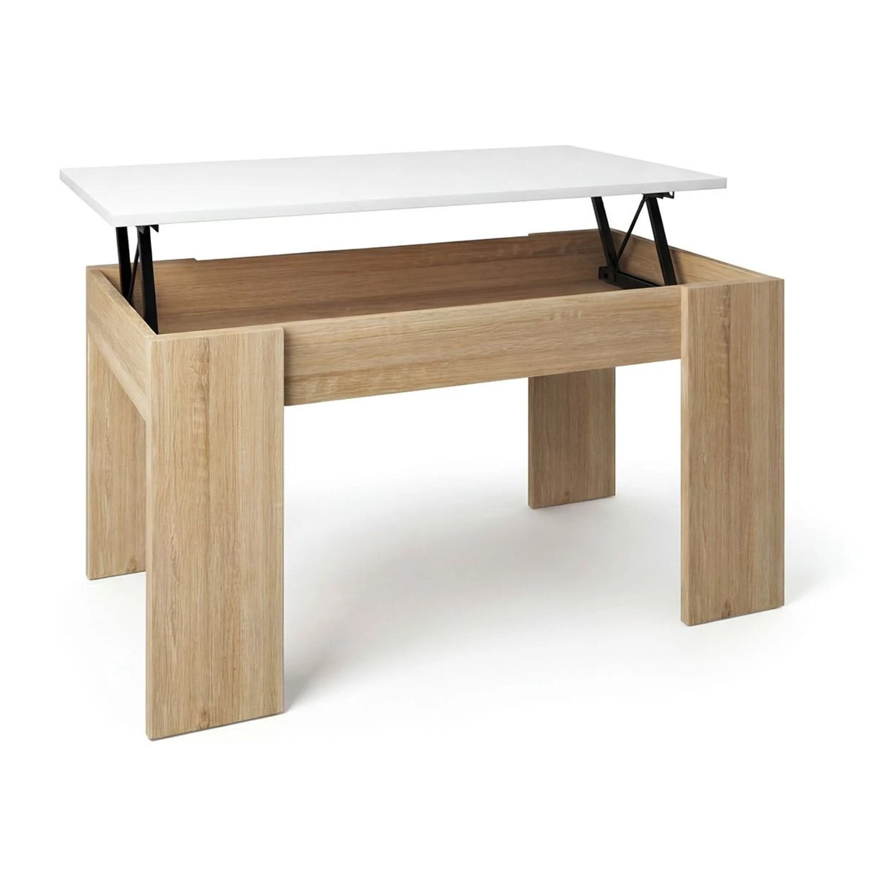 Mesa de centro elevable con almacenaje en roble canadian y blanco artik 90x43-53 cm Norak Roble Canadian - Blanco Artik (Blanco Mate)