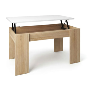 Mesa de centro elevable con almacenaje en roble canadian y blanco artik 90x43-53 cm Norak Roble Canadian - Blanco Artik (Blanco Mate)