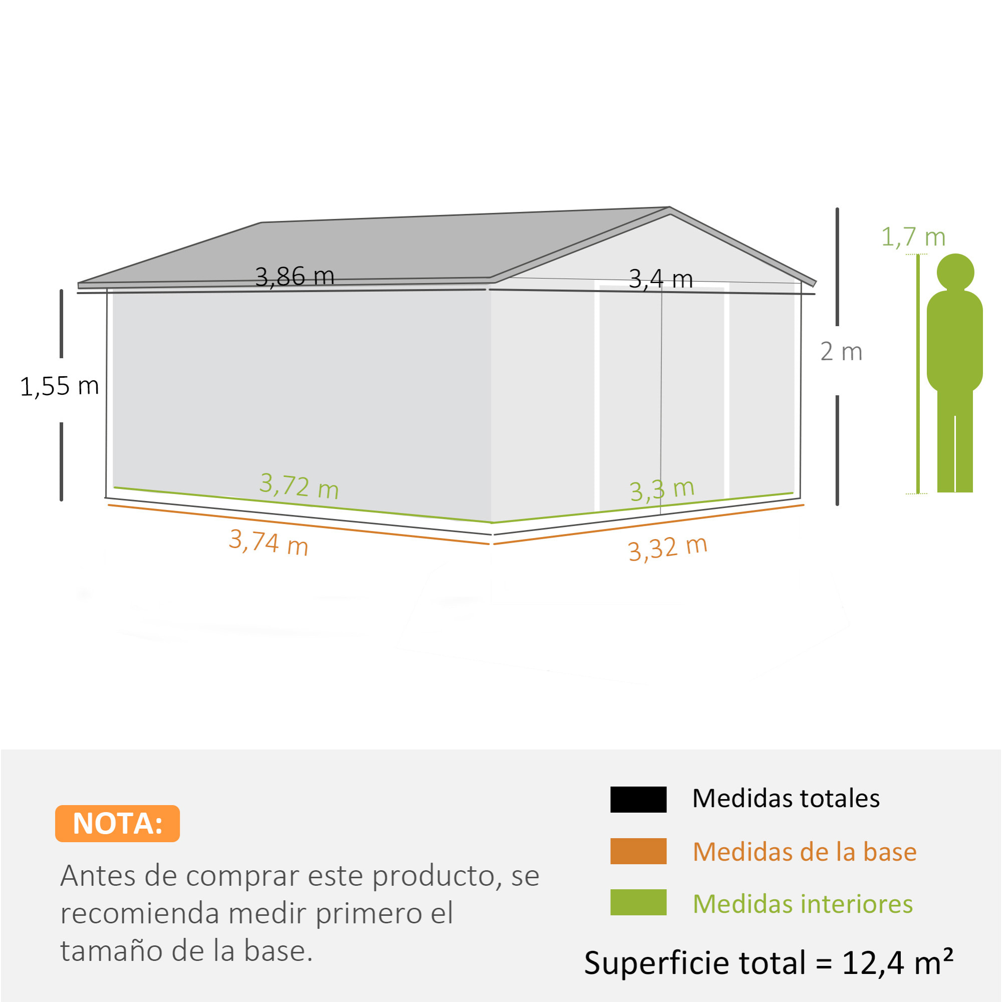 Caseta de Jardín Exterior, 12,4 m² 340x386x200 cm, Cobertizo de Jardín Exterior Metálico con Puerta Corredera, Base Refuerzo (Suelo NO Incluido) y Ventanas Verde