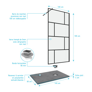 Pack Paroi de douche 100x195 cm + RECEVEUR A CARRELER DECOUPABLE 90X140 - BONDE HORIZONATLE