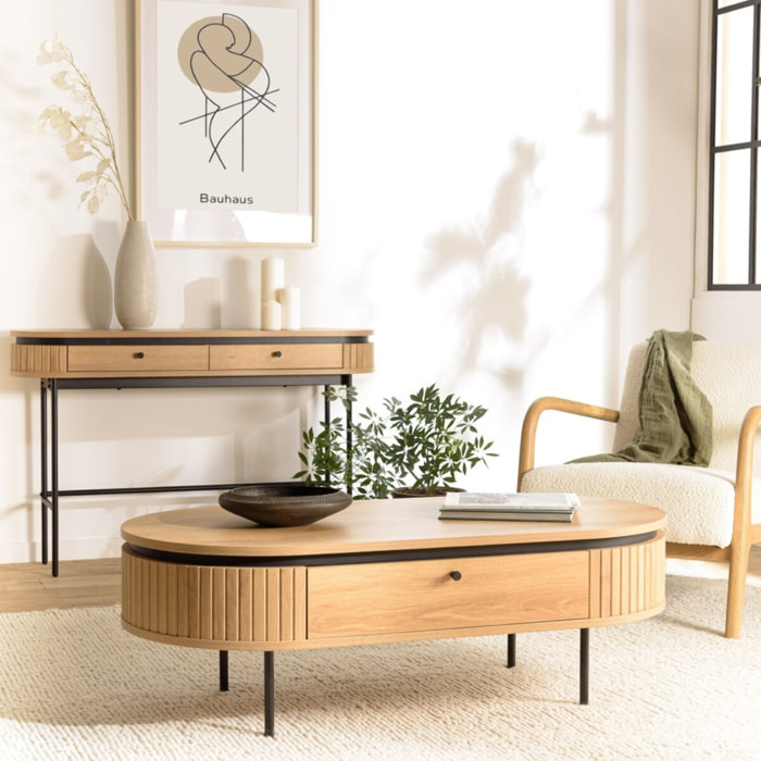 ETHAN - Table basse arrondie couleur naturelle 2 tiroirs