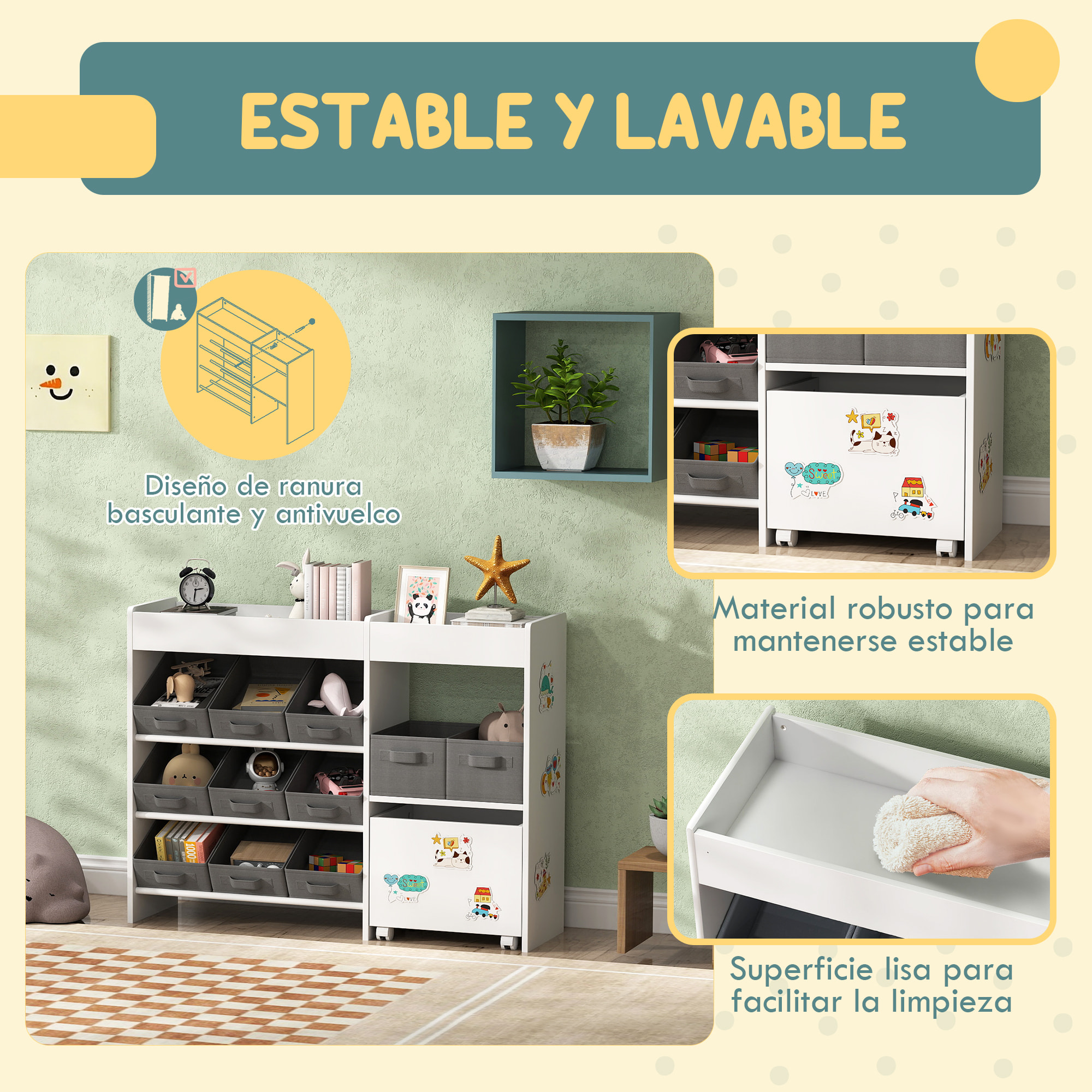Estantería para Juguetes para Niños Organizador Infantil con 11 Cestas Extraíbles Compartimentos y Láminas de Pegatinas para Guardería Sala de Juegos 105x30x80 cm Blanco