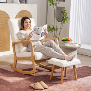 Silla Mecedora con Reposapiés, Sillón de Relax Tapizado en Bouclé con Cojín Acolchado, Respaldo Ergonómico, Reposabrazos y Patas de Madera, Carga 120 kg, para Salón, Dormitorio, Blanco