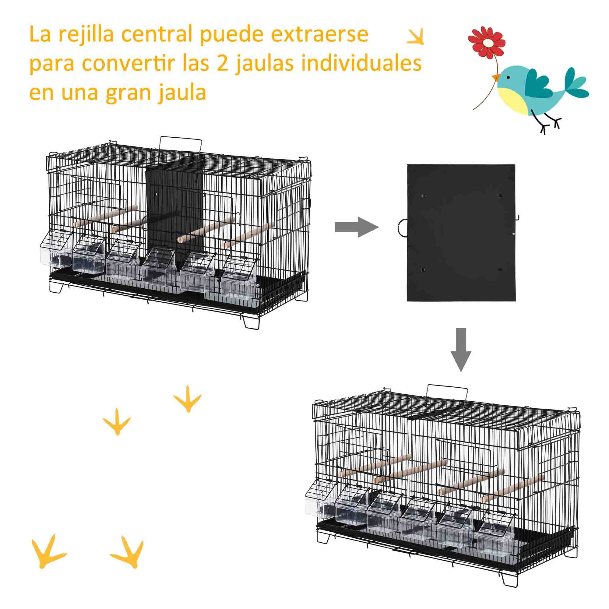 Jaula para Pájaros con Divisor Pajarera con Ganchos Superiores Puertas Comederos Perchas y Bandeja Extraíble para Canarios Periquitos 59,5x26,5x39,5 cm Negro