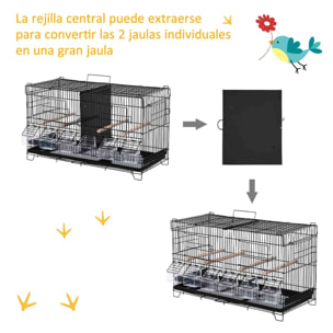 Jaula para Pájaros con Divisor Pajarera con Ganchos Superiores Puertas Comederos Perchas y Bandeja Extraíble para Canarios Periquitos 59,5x26,5x39,5 cm Negro