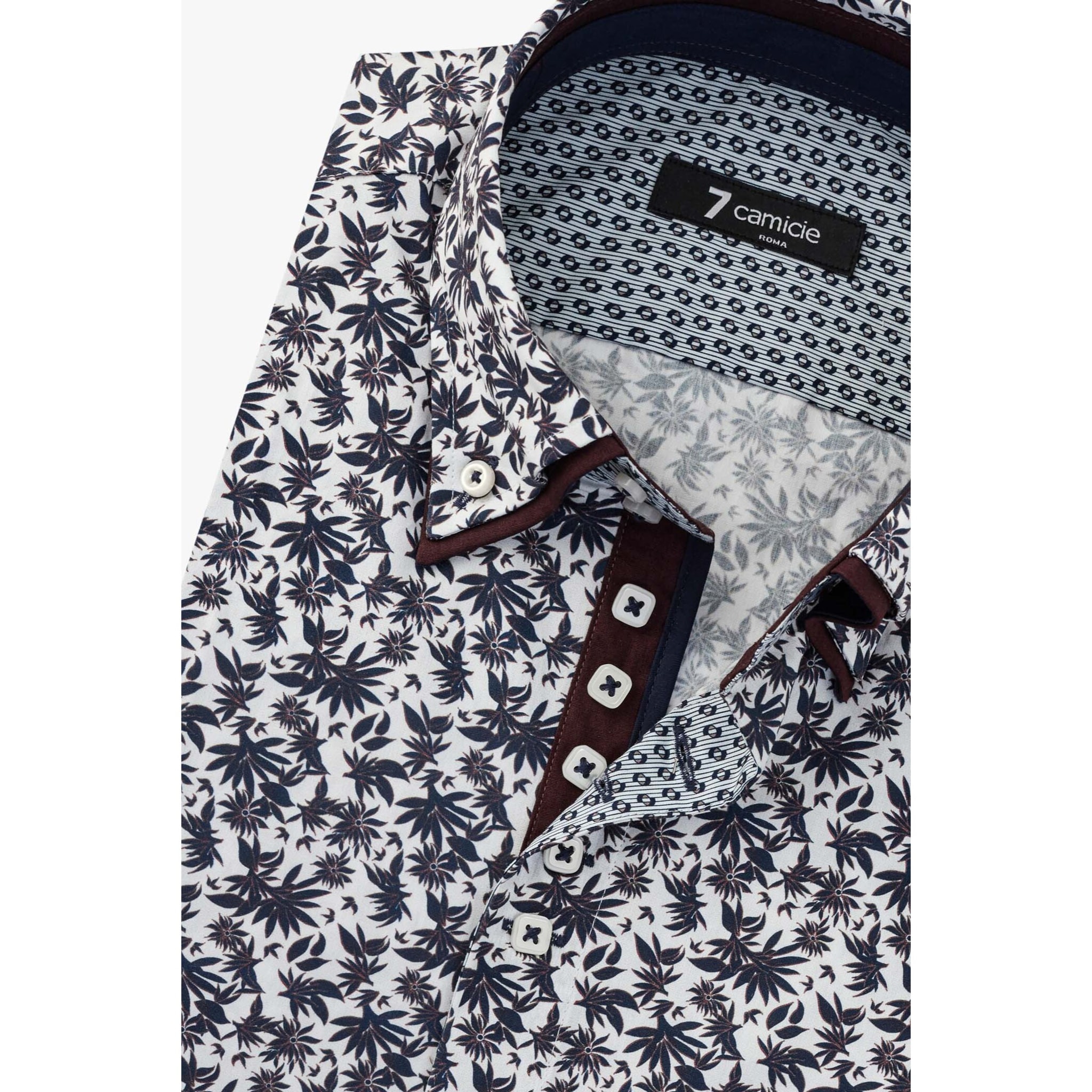 Camicia Uomo 2 Bottoni Button Down 7bottoni Doppio Coll Popeline Stampato Bianco e Blu