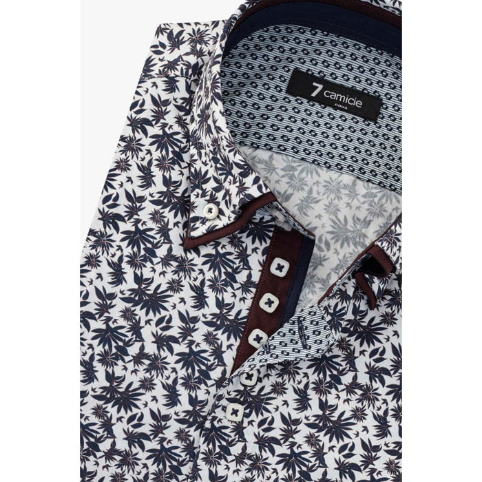 Camicia Uomo 2 Bottoni Button Down 7bottoni Doppio Coll Popeline Stampato Bianco e Blu