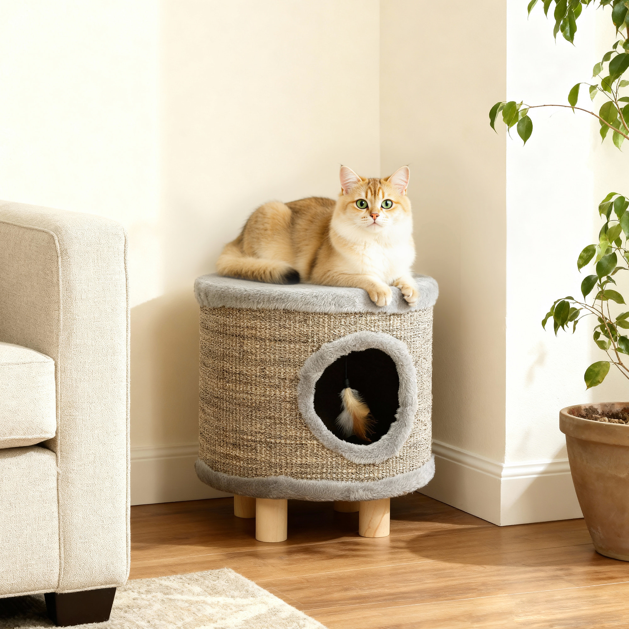 Casa para Gatos 3 en 1 Taburete, Reposapiés, Cama para Gatos con Rascador, Patas de Madera y Pluma Colgante, Cueva para Interior, 36x36x38 cm, Gris