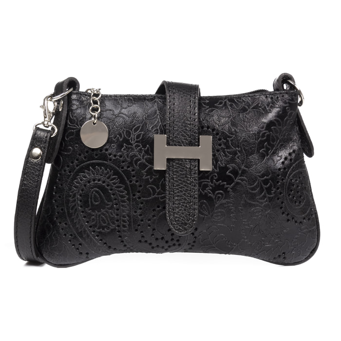 FIRENZE ARTEGIANI Borsa da Donna Allerona.Incisione Arabesco in Vera Pelle Scamosciata. Prodotto in Italia 24x2x14 Cm. Colore nero