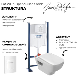 WC suspendu sans bride Jacob Delafon Struktura + abattant + Bâti support + Even Plaque de commande WC carré blanc