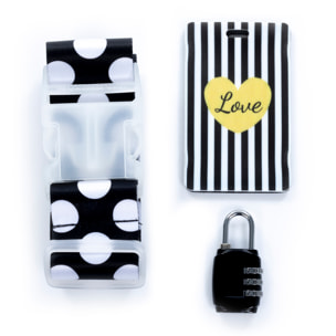 Kit de seguridad de equipaje: correa para equipaje, candado e identificador de maletas. Diseño love.