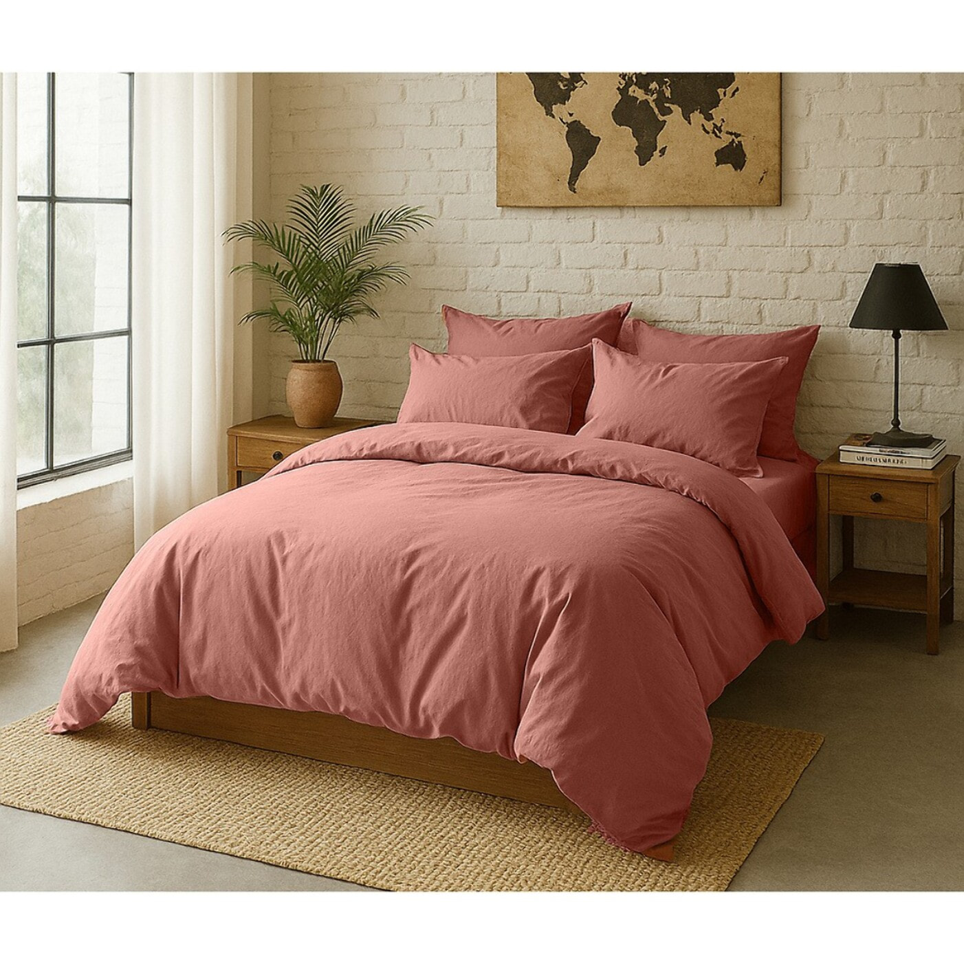 Paire de Taies D'oreiller Avec Volant 100% Percale De Coton Lavé Rose Poudré