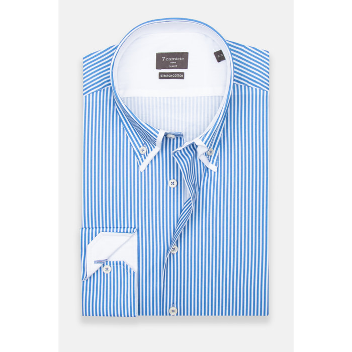 Camicia Uomo 2 Bottoni Button Down Doppio Coll Popeline Stretch Riga Media Bianco\Blu Inchiostro