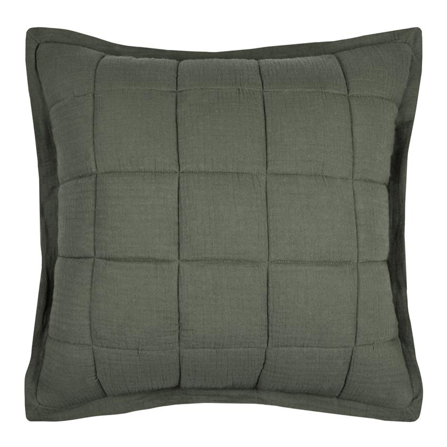 Coussin carré uni en gaze de coton surpiquée - Kaki
