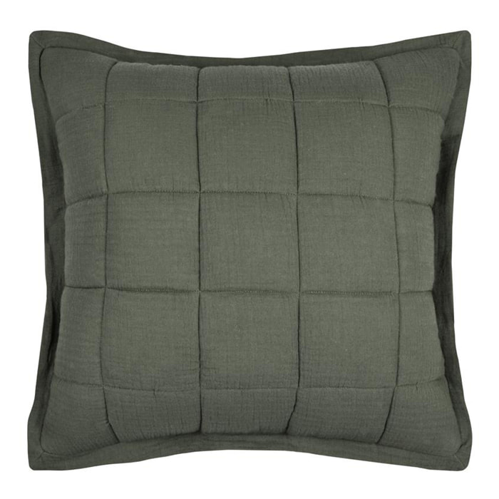 Coussin carré uni en gaze de coton surpiquée - Kaki