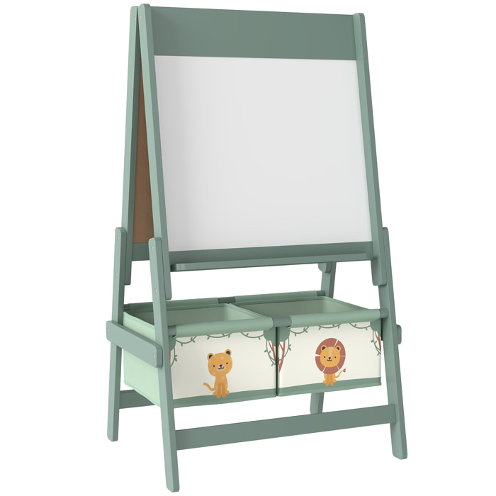 Tableau chevalet enfant - tableau blanc, tableau à craie, rouleau papier 3 en 1 - paniers rangement intégrés - MDF pin vert