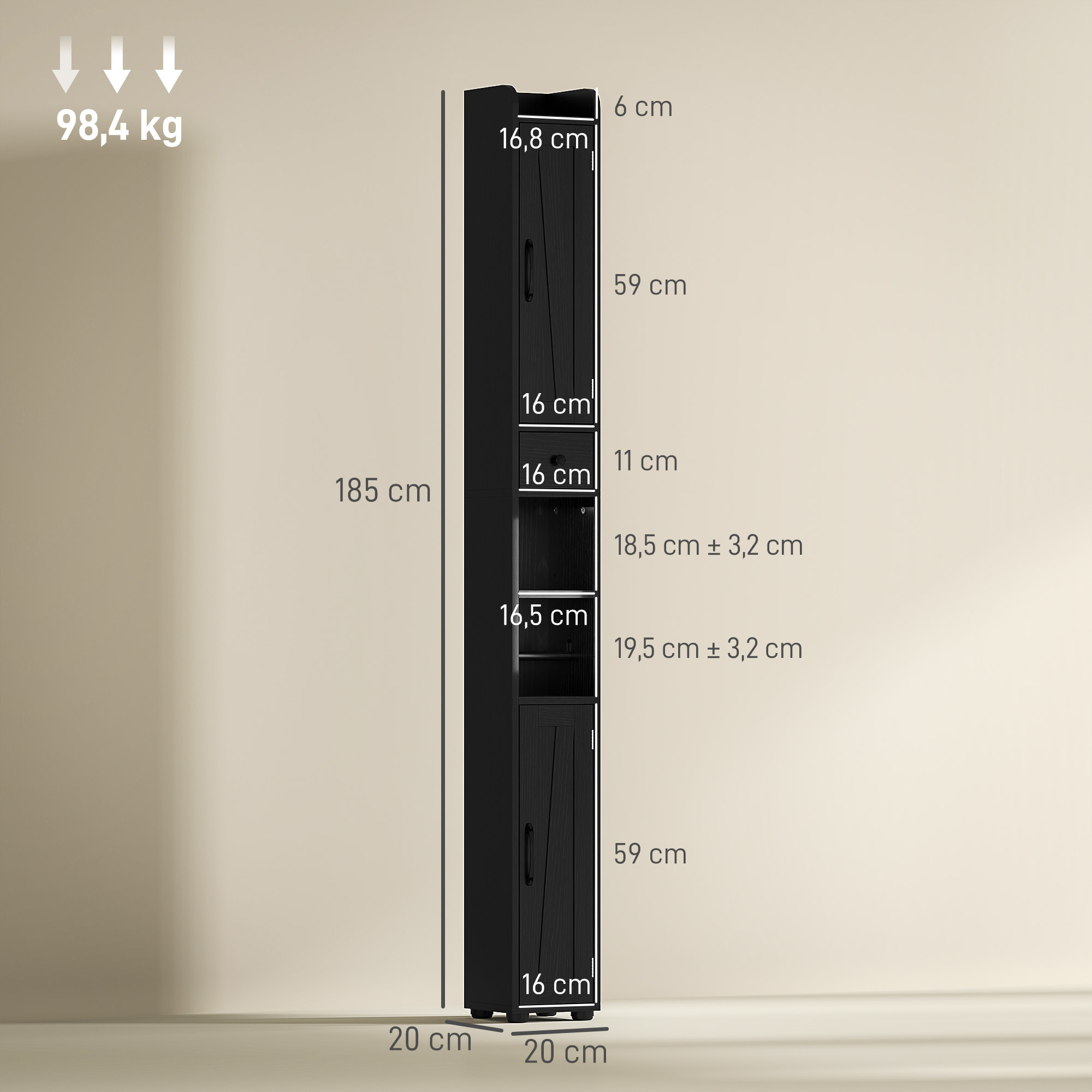 Columna de Baño Estrecha con 2 Puertas Armario Alto de Baño Rústico con Cajón Compartimento Abierto Estantes Ajustables y Portarrollos 20x20x185 cm Negro