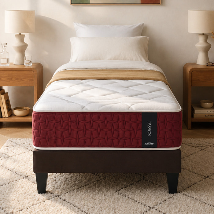 Ensemble Matelas Hybride Passion & Sommier Kit Tissu, Ressorts Ensachés & Mémoire de Forme, 32 cm, Accueil Moelleux, Soutien Ferme