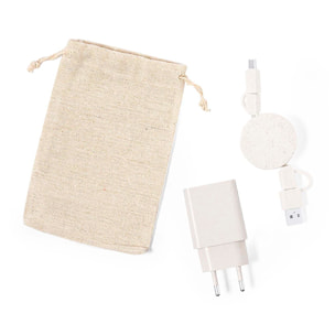 Set Caricabatterie Cavo di ricarica dati in fibra di grano, cavo estensibile, connessione Micro USB, tipo C e Lightning 9V DC 2.1A. Copertina in cotone