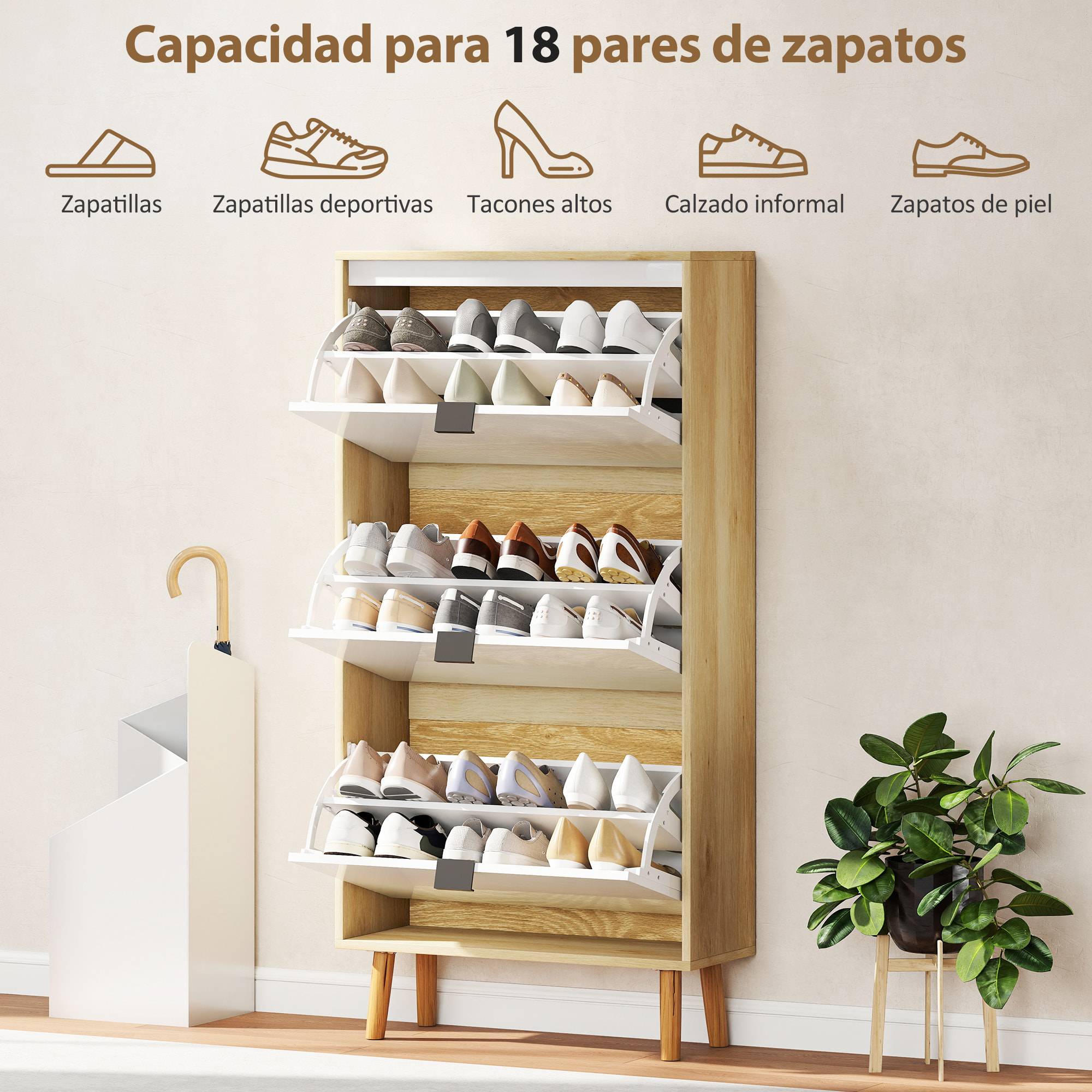 Zapatero Estrecho con 3 Puertas en Blanco Brillo, Zapatero Entrada Recibidor con Estantes Ajustables Patas de Madera, para 18 Pares de Zapatos, 60x24x127 cm Blanco