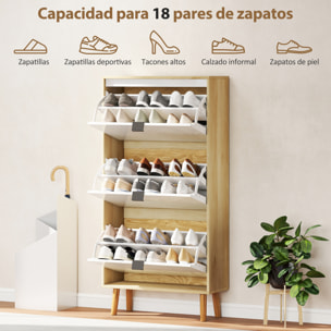 Zapatero Estrecho con 3 Puertas en Blanco Brillo, Zapatero Entrada Recibidor con Estantes Ajustables Patas de Madera, para 18 Pares de Zapatos, 60x24x127 cm Blanco