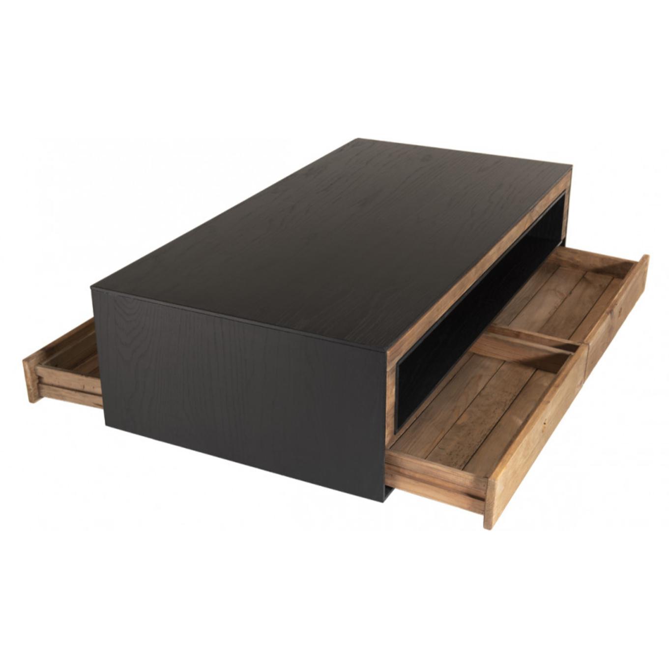 ANDREA - Table basse 4 tiroirs 1 niche bois Pin recyclé naturel et noir