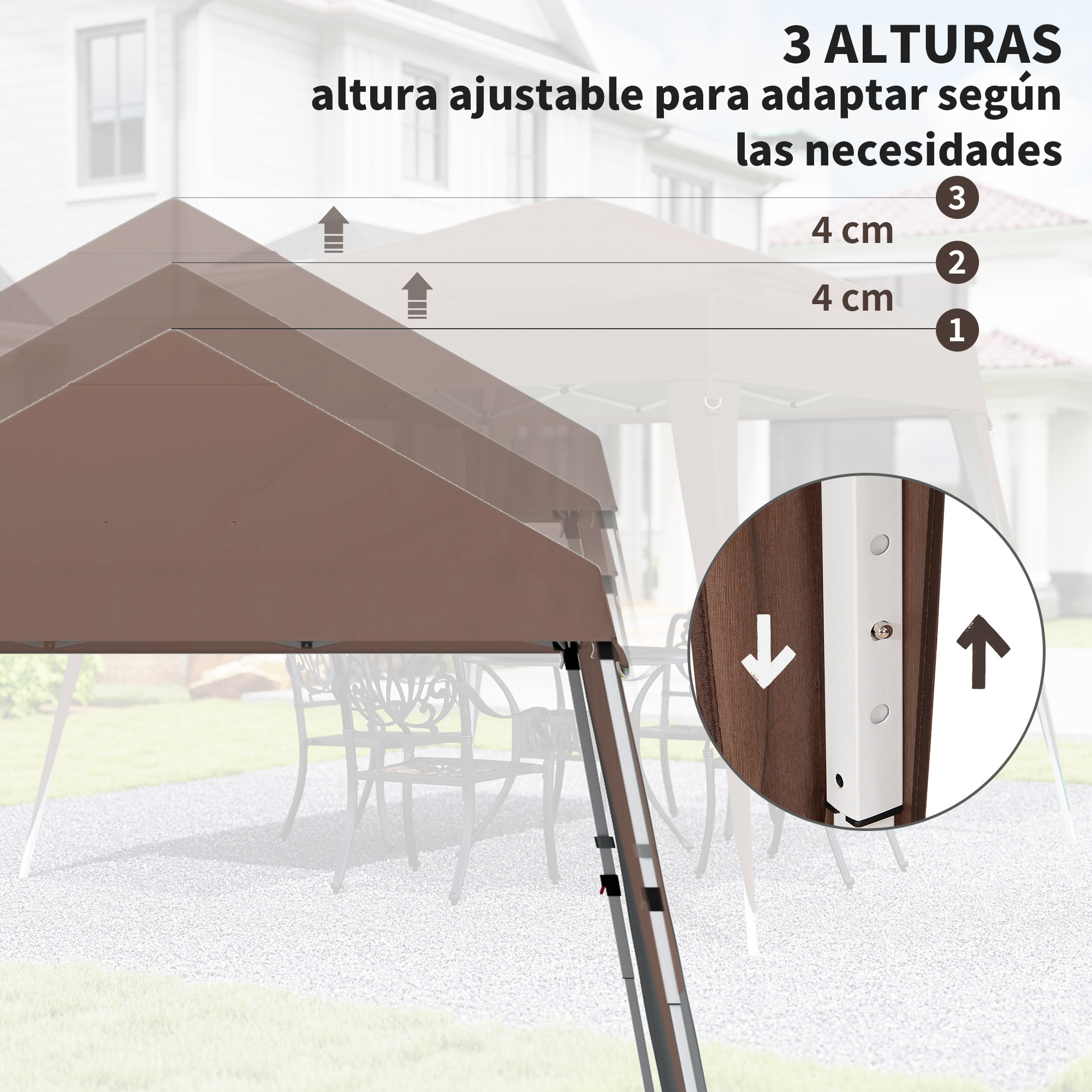Carpa Plegable 3x3 m, Pop-up, Cenador Pabellón de Jardín, Altura Ajustable con Bolsa de Transporte, Anti-UV, Impermeable, Gazebo para Camping, Fiestas, Exterior, Café