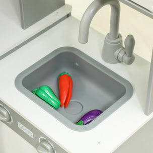 AIYAPLAY Cocina de Juguete para Niños +3 Años Cocina de Madera Infantil Cocinita Infantil con Sonido Fogón Horno Grifo Fregadero Microondas Lavadora Máquina de Hielo y Accesorios de Cocina Gris