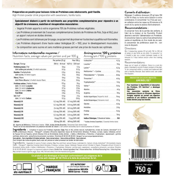 STC NUTRITION - Vegetal Protein - Alternative 100% Végétale - Pois + Soja + Riz - Sans Sucre, Sans Matières Grasses - Sans Colorant, Sans Gluten - 100% Végan - 750 g - Vanille